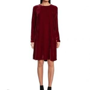 NWT Eileen Fisher Ruby Red Velvet Midi Dress – Long Sleeve, Pockets, Size S
